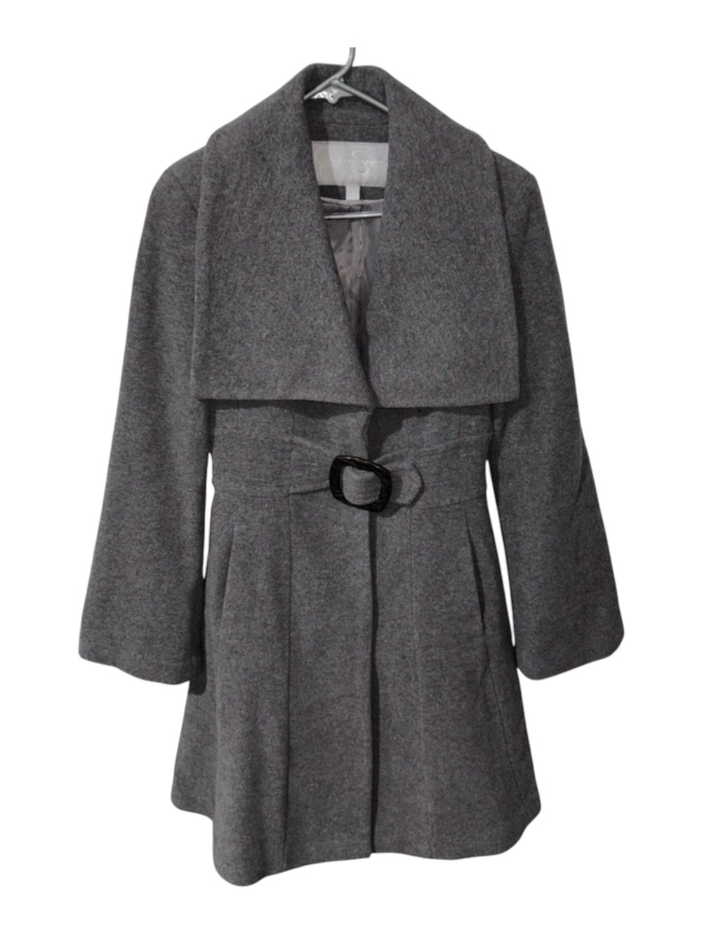 Jessica Simpson Ladies Sz 8 Lined Gray Coat 3 Button Closure and Belt with Snap